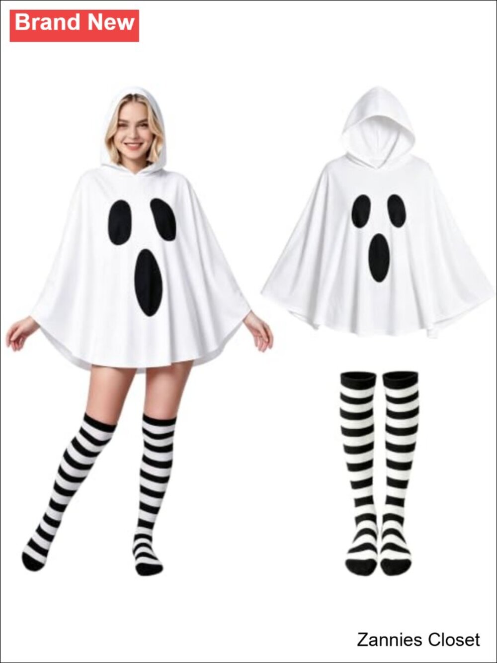 👻 Hooded Ghost Poncho Costume Set with Knee-High Socks Halloween Cosplay